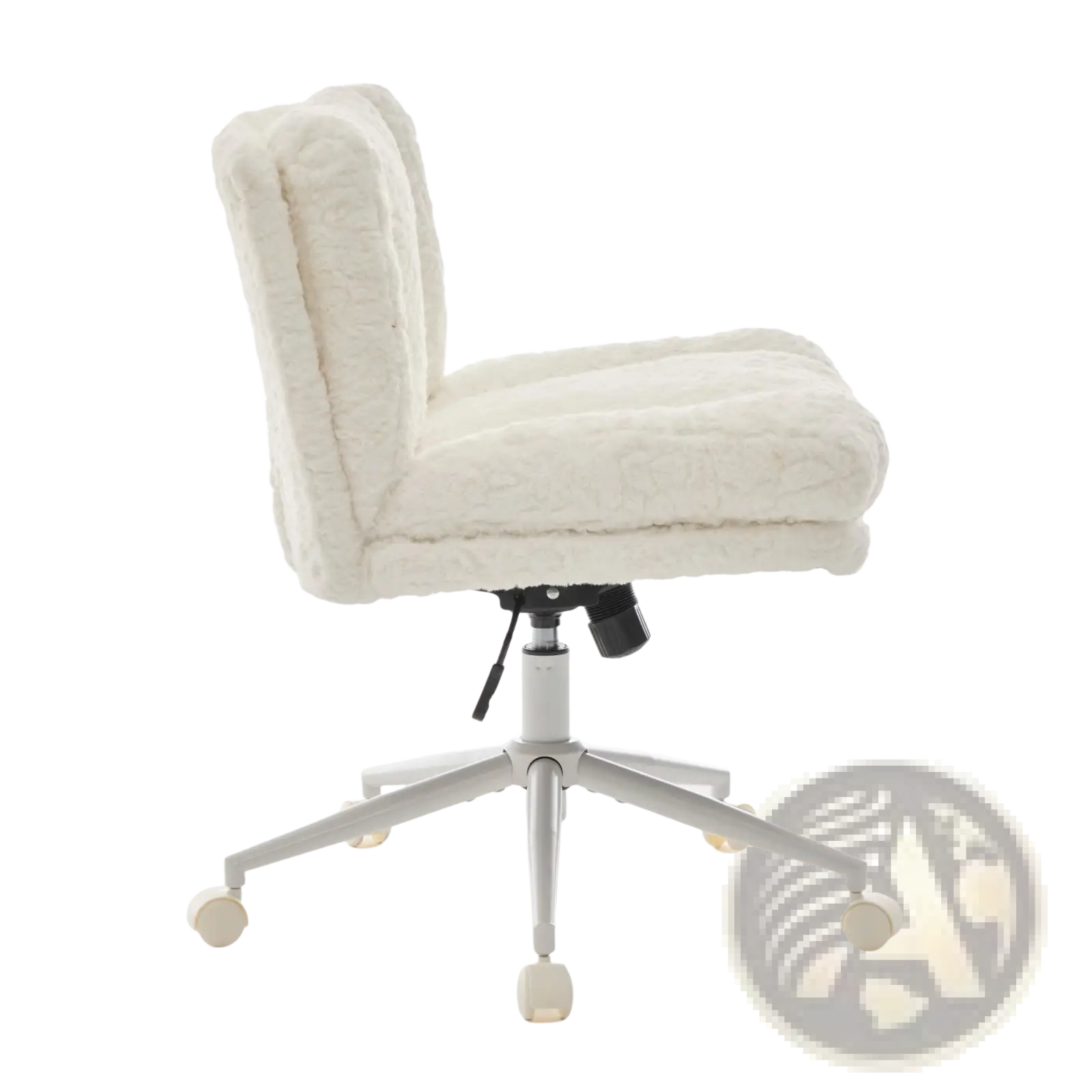 White faux fur office chair with wide seat swivel design and metallic base with caster wheels for vanity use