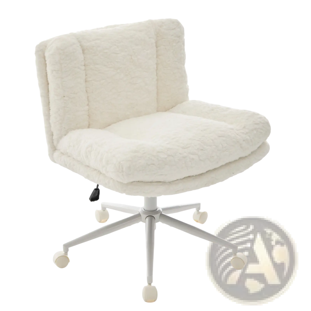 White fluffy faux fur office chair with plush upholstery and five-star base for swivel vanity use