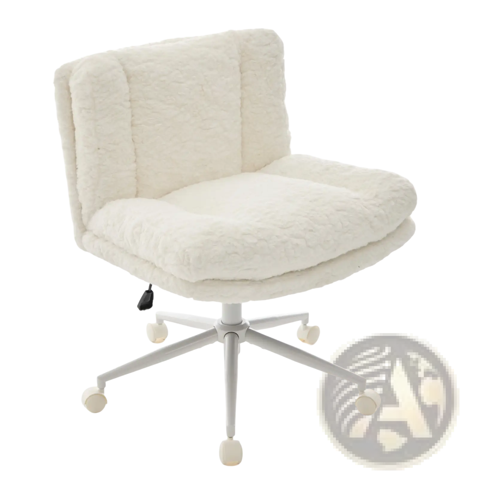 White fluffy faux fur office chair with plush upholstery and five-star base for swivel vanity use