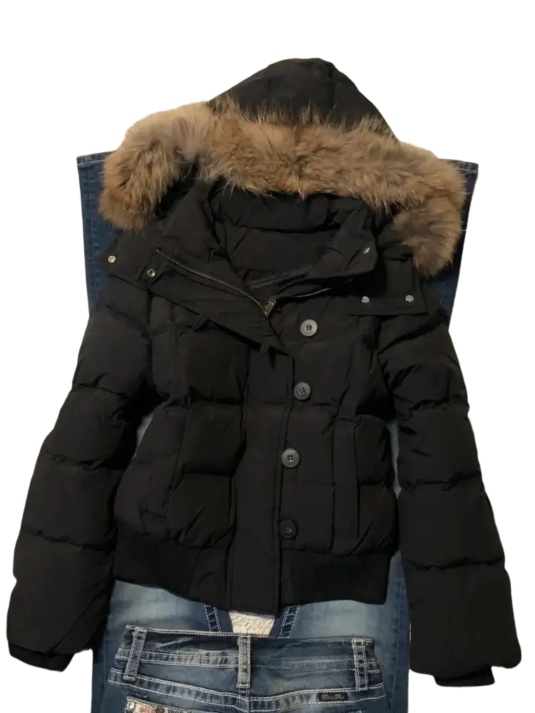 Faux fur puffer jacket women winter outerwear black with plush brown fur-lined hood and silver-toned buttons