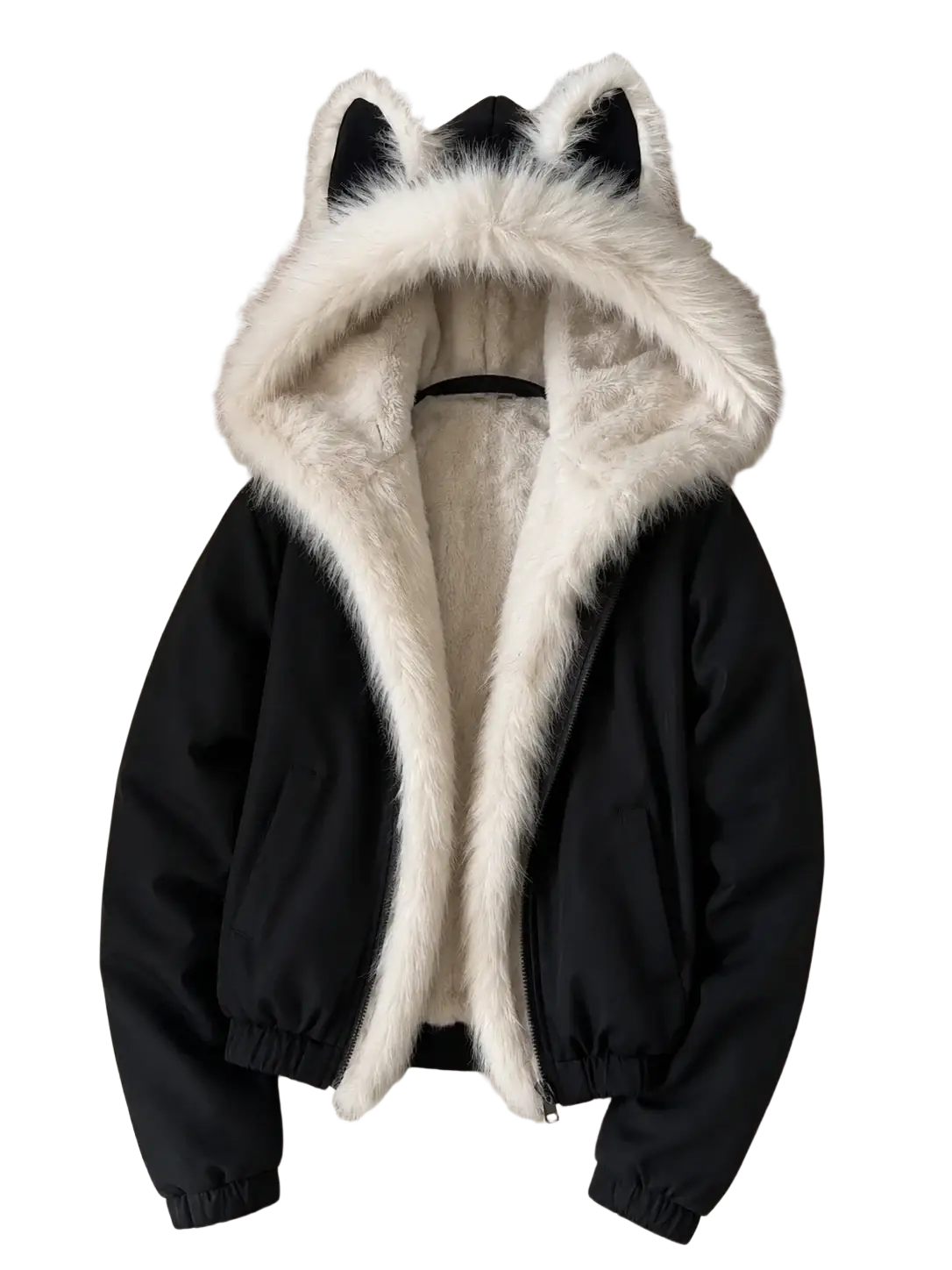 Black faux fur puffer jacket for women with white faux fur hood and black cat ears winter outerwear