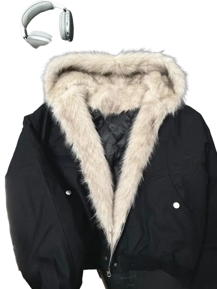 Black faux fur puffer jacket for women with plush light beige fur-lined hood winter outerwear