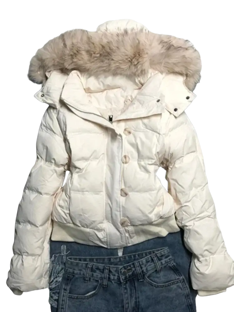 Cream-colored faux fur puffer jacket for women with fluffy beige fur-lined hood and quilted design for winter outerwear