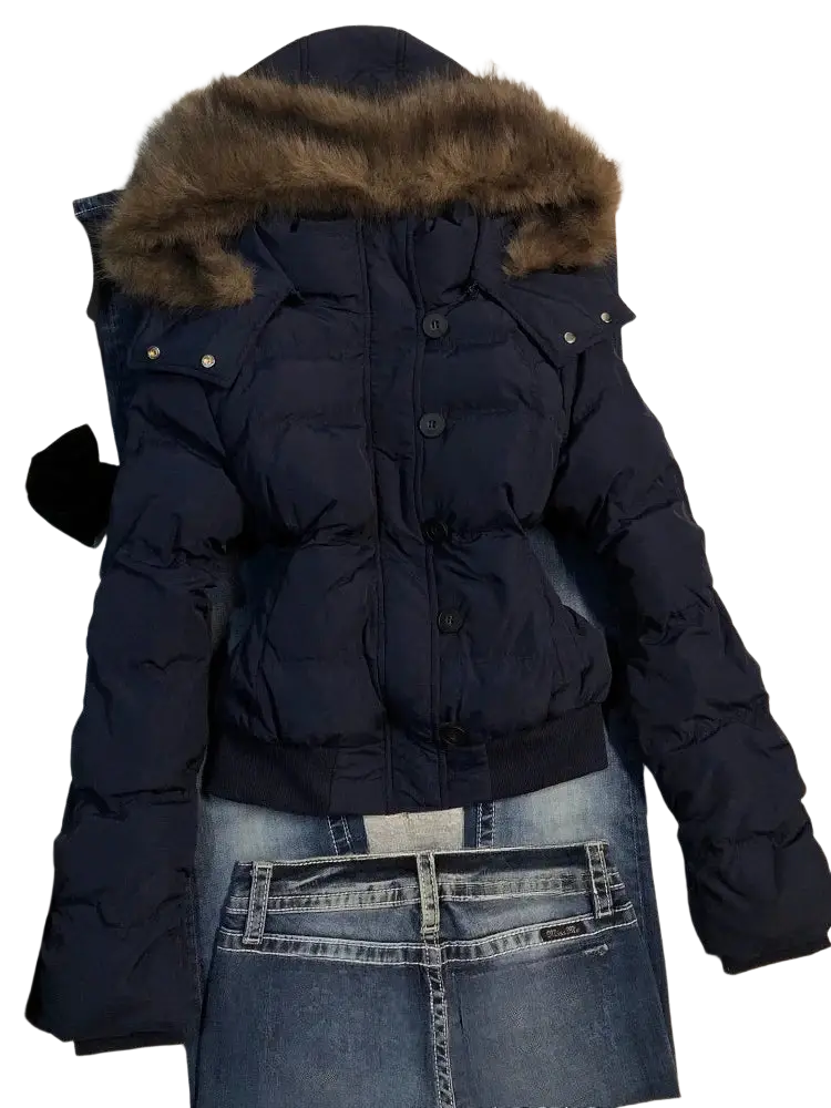Dark blue faux fur puffer jacket for women with a brown fur-lined hood ideal for winter outerwear