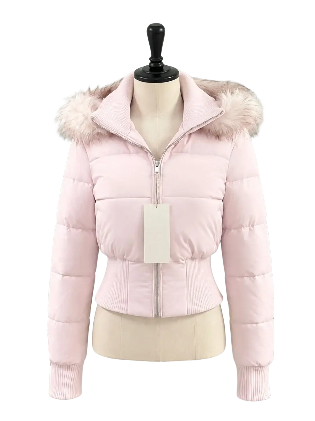 Pink quilted faux fur puffer jacket with fluffy fur-lined hood for women winter outerwear displayed on a mannequin