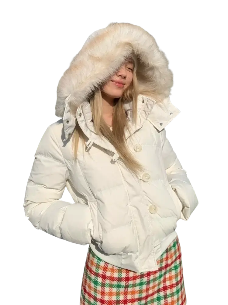 White faux fur puffer jacket for women with a fluffy beige fur-lined hood winter outerwear