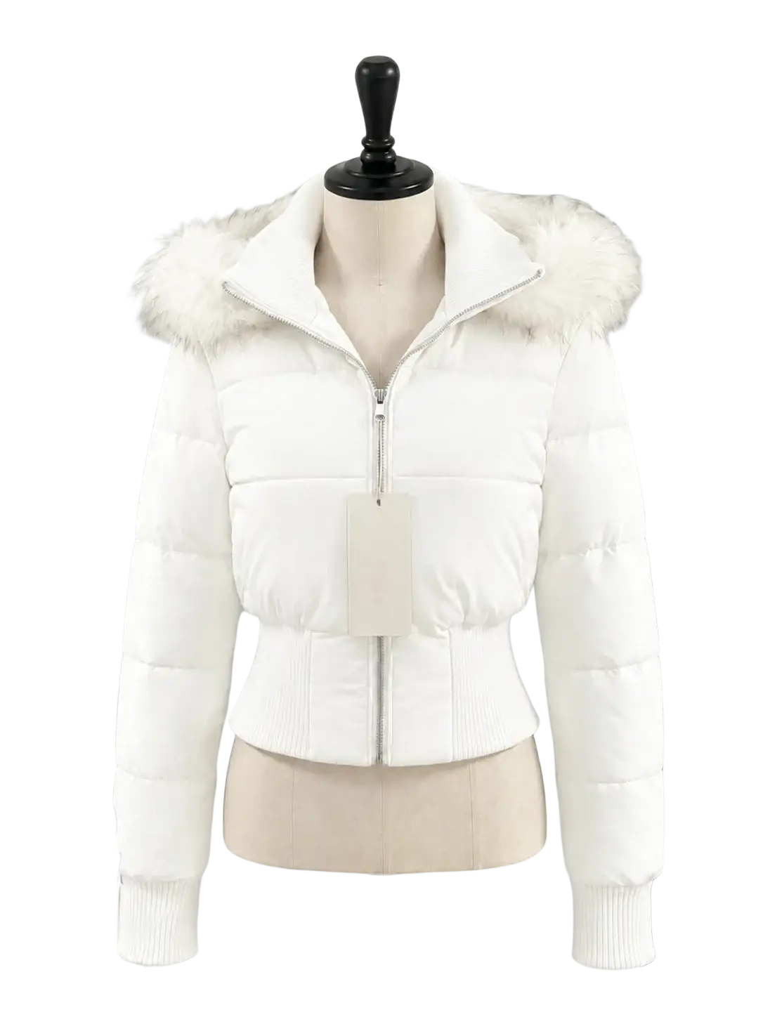White faux fur puffer jacket for women with fluffy fur-lined hood and ribbed cuffs winter outerwear