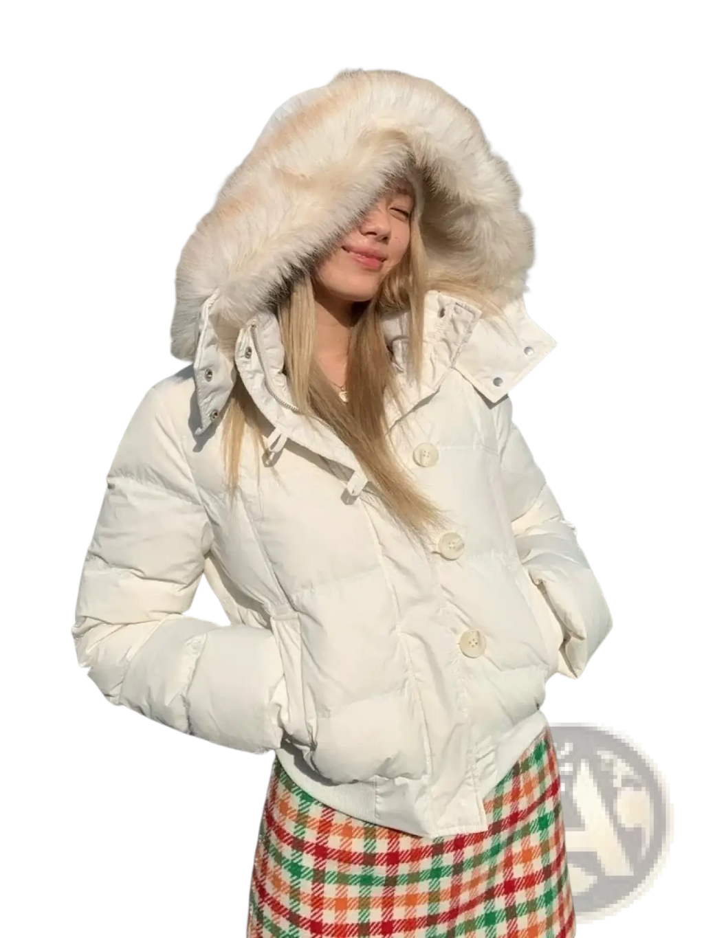 White faux fur puffer jacket for women with a fluffy beige fur-lined hood winter outerwear