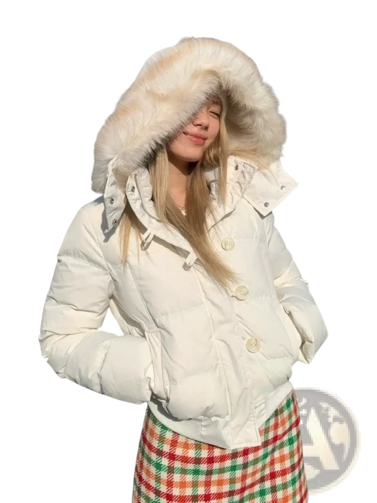 White faux fur puffer jacket for women with a fluffy beige fur-lined hood winter outerwear