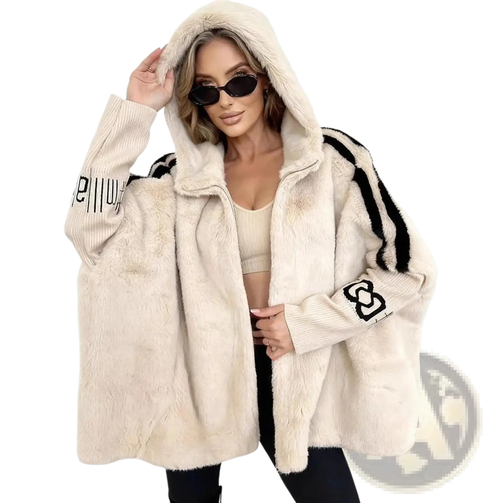 Faux fur short stand collar coat in cream with black striped sleeves and embroidered logos on the cuffs