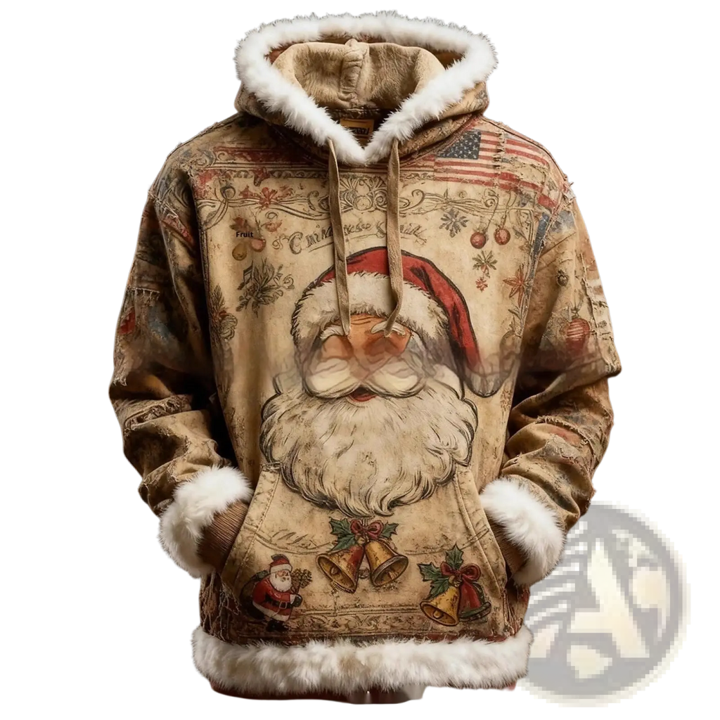 Beige vintage-style faux fur trim santa claus hoodie with detailed graphic and festive ornaments for holiday wear