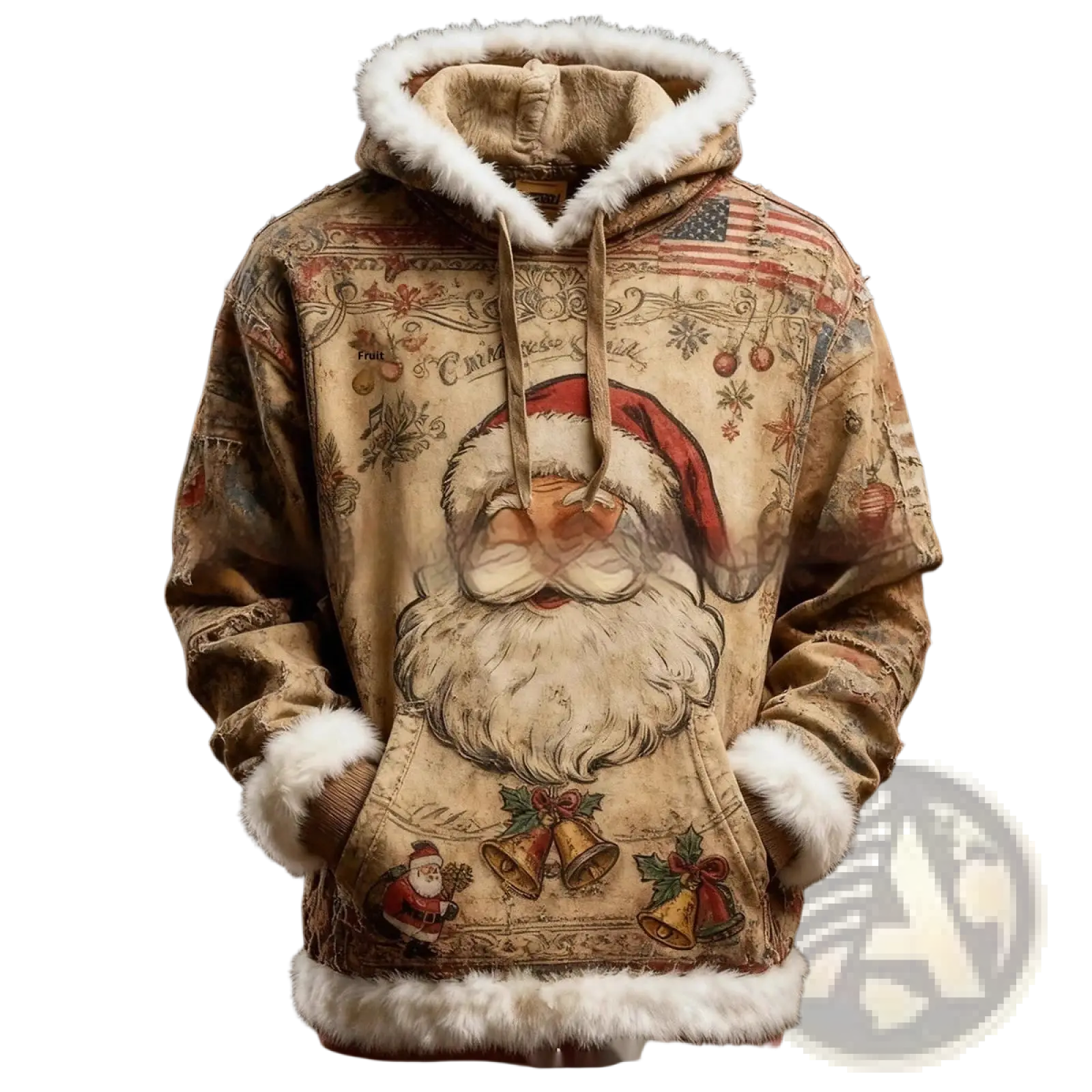Beige vintage-style faux fur trim santa claus hoodie with detailed graphic and festive ornaments for holiday wear