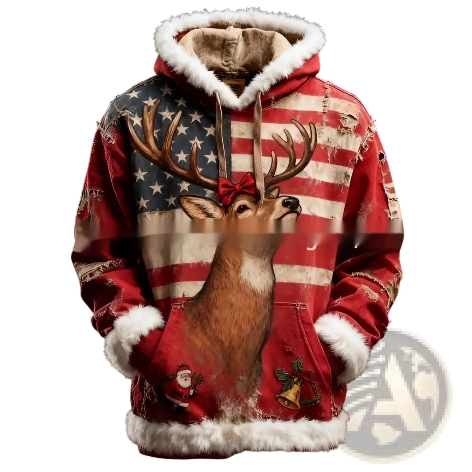 Red hoodie with 3d printed american flag and deer design and white faux fur trim on hood cuffs and hem