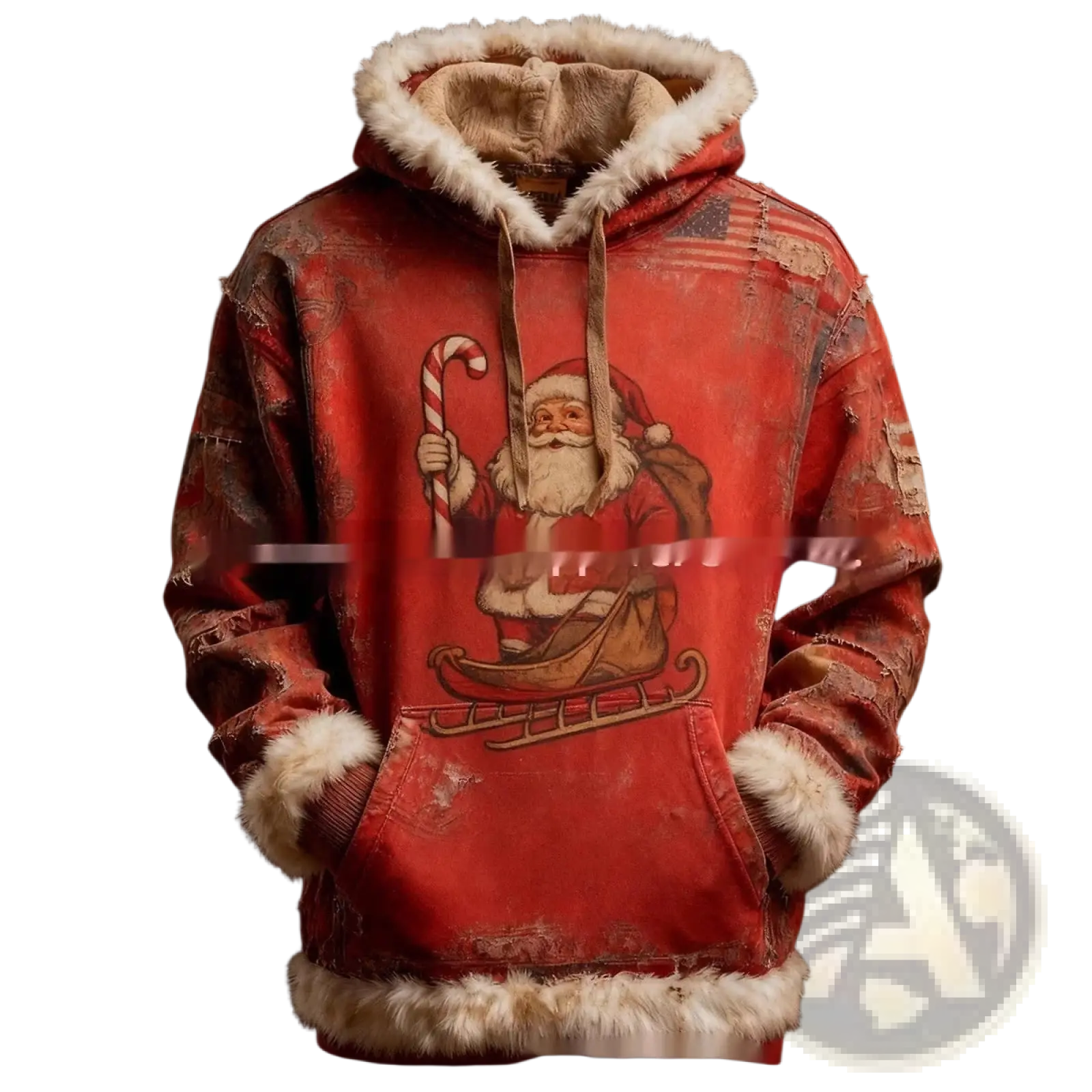 Red santa claus-themed hoodie with faux fur trim on hood cuffs and hem featuring american flag print
