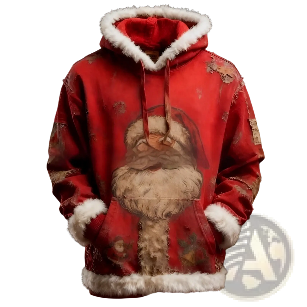 Red santa claus-themed hoodie with white faux fur trim on hood cuffs and hem featuring american flag print