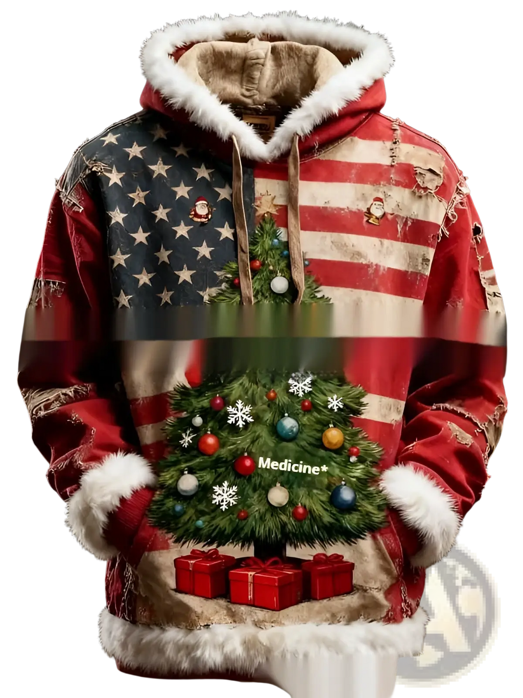 Red and white distressed faux fur trim Santa Claus hoodie with Christmas tree and American flag design