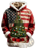 Red and white distressed faux fur trim Santa Claus hoodie with Christmas tree and American flag design