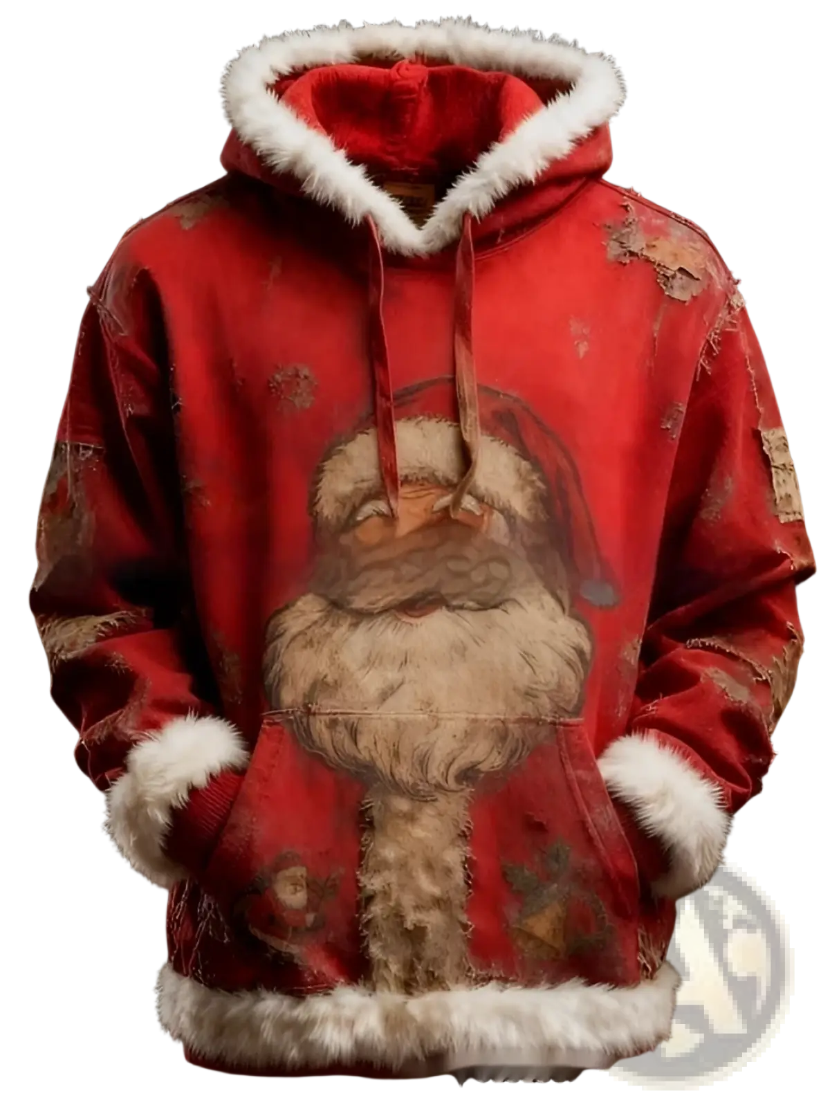 Red distressed santa claus hoodie with white faux fur trim on hood cuffs and hem featuring american flag print