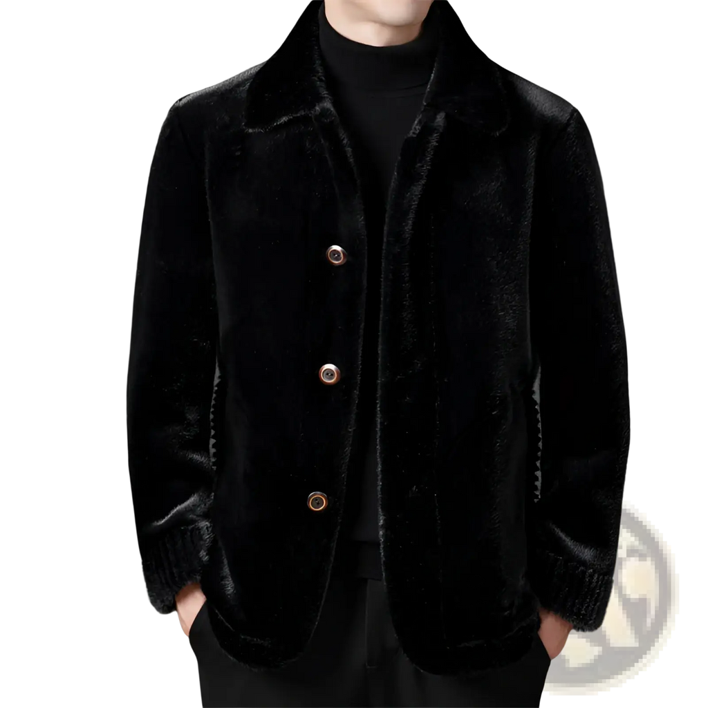 Black faux fur winter coat for men with plush velvety texture and three metallic buttons