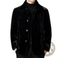 Black faux fur winter coat for men with plush velvety texture and three metallic buttons