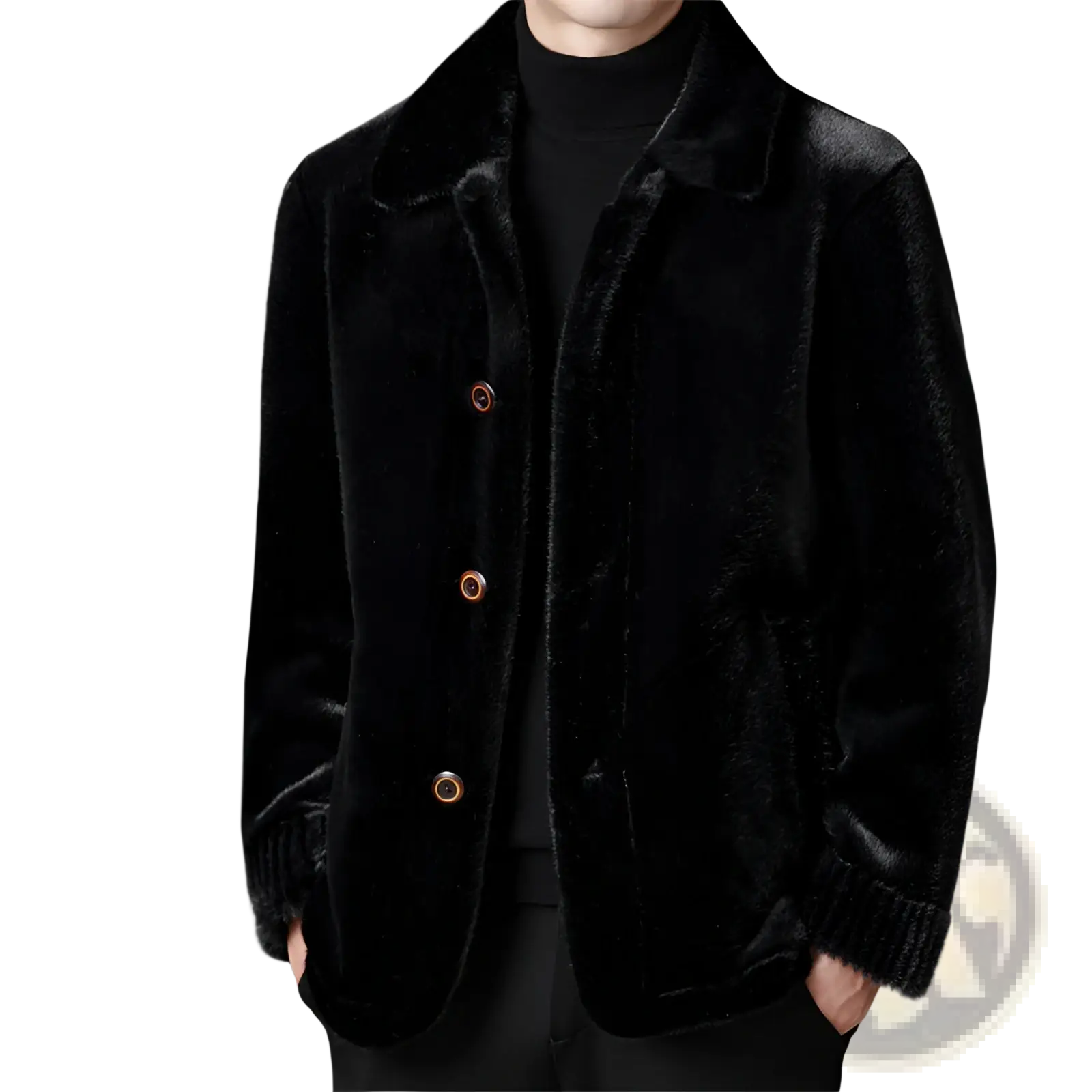 Black faux fur winter coat for men with plush collar ribbed cuffs and three copper toned buttons