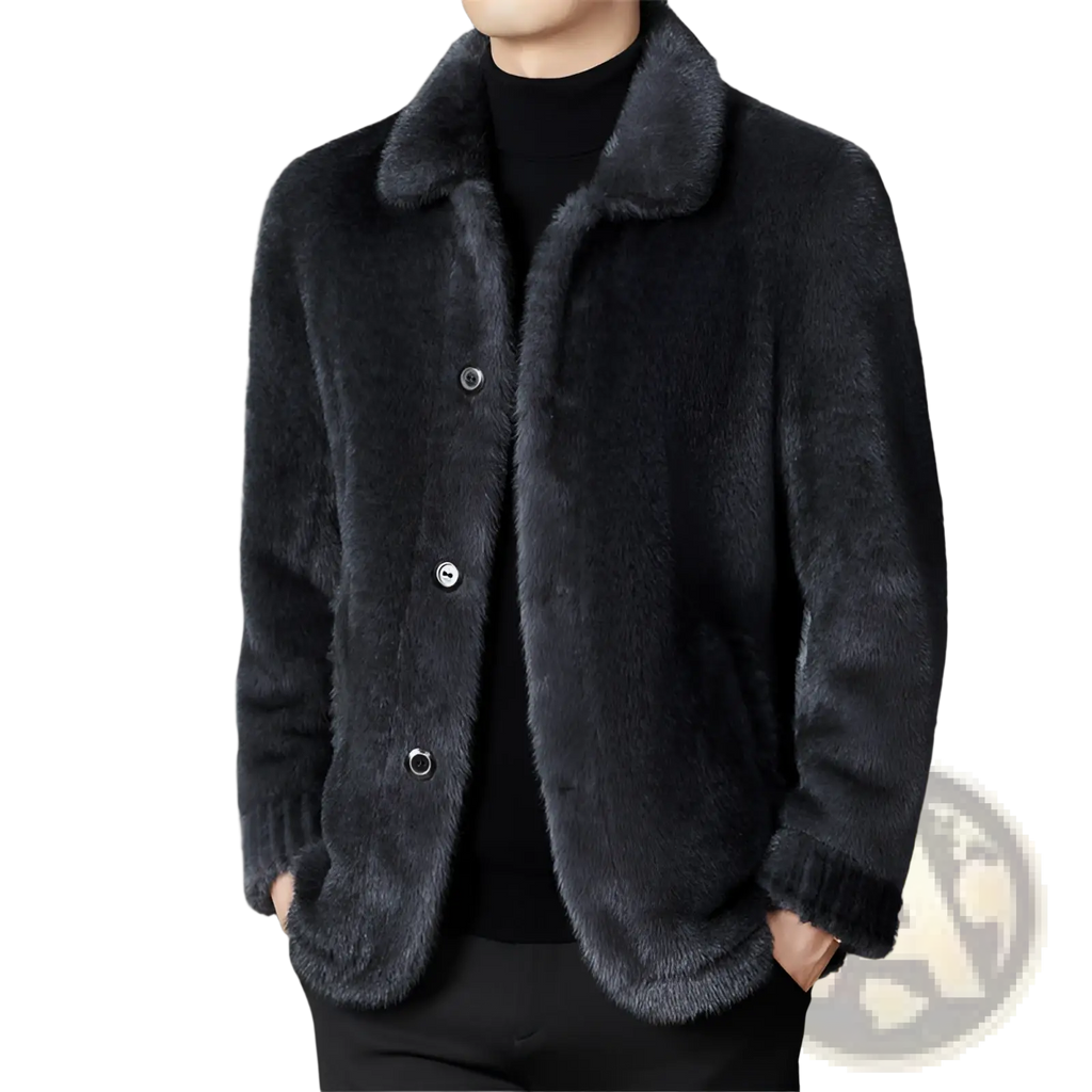 Dark gray faux fur winter coat for men with plush collar and ribbed cuffs for added warmth and style