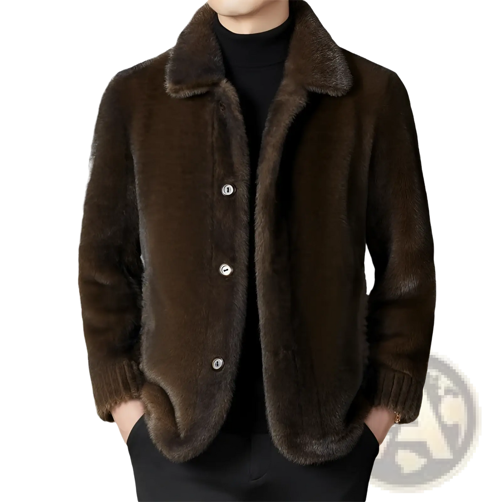 Faux fur winter coat for men in rich brown with plush collar ribbed cuffs and three silver buttons fastened