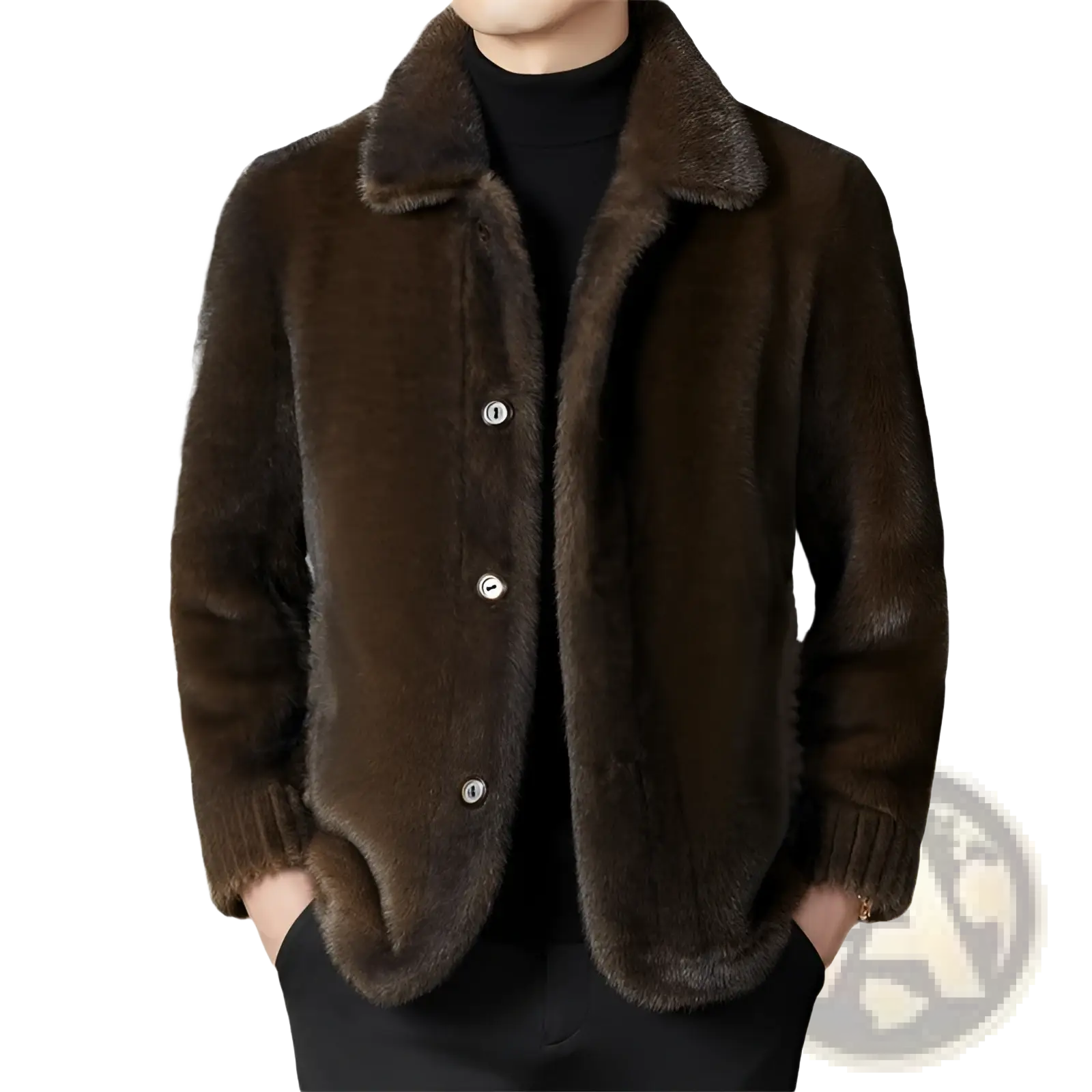 Faux fur winter coat for men in rich brown with plush collar ribbed cuffs and three silver buttons fastened