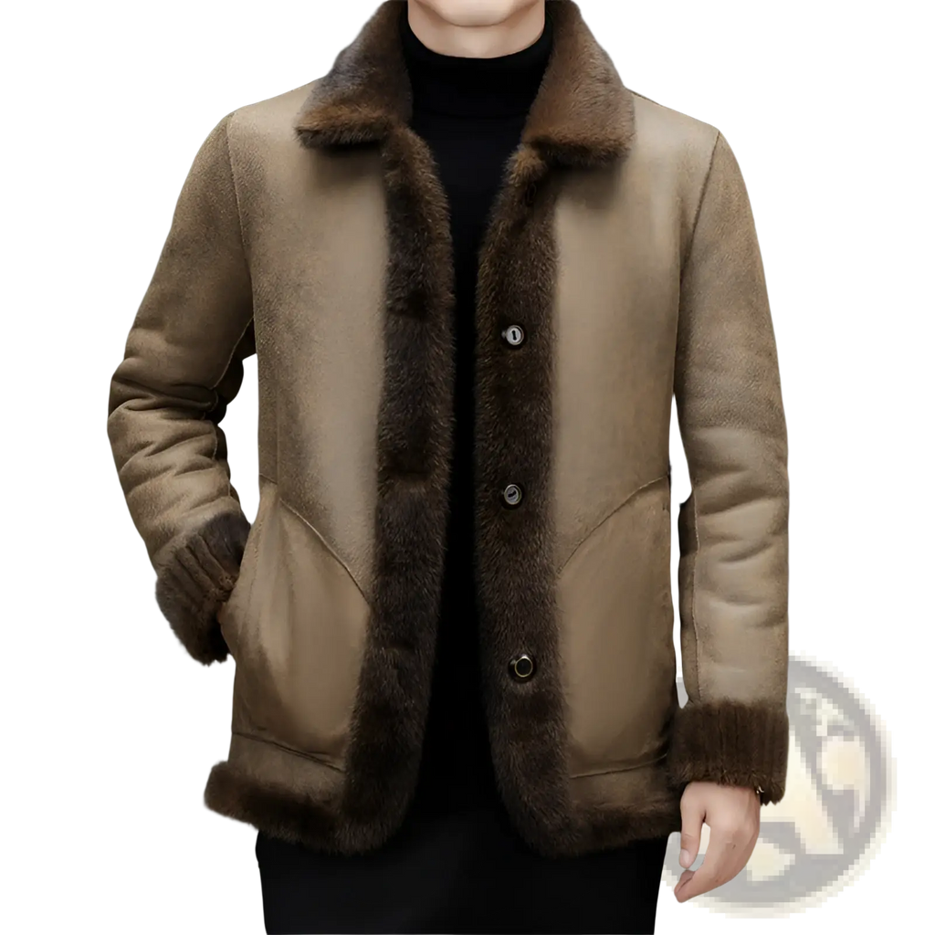 Faux fur winter coat for men in tan shearling with dark brown fur collar and cuffs ideal for cold weather