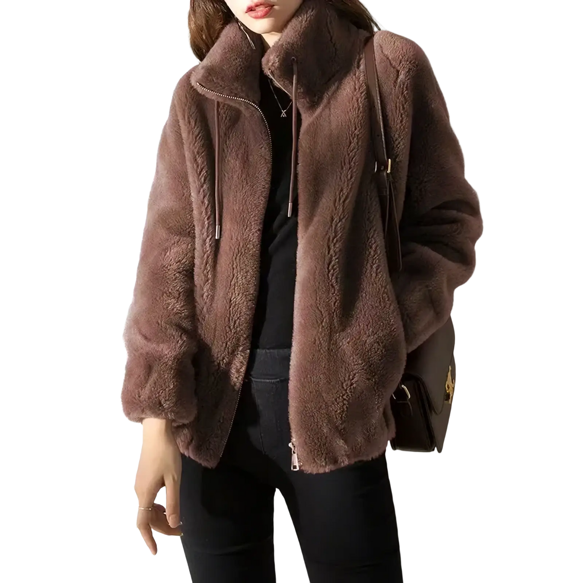 Brown faux fur winter jacket with stand collar and front zipper for warmth and style in cold weather