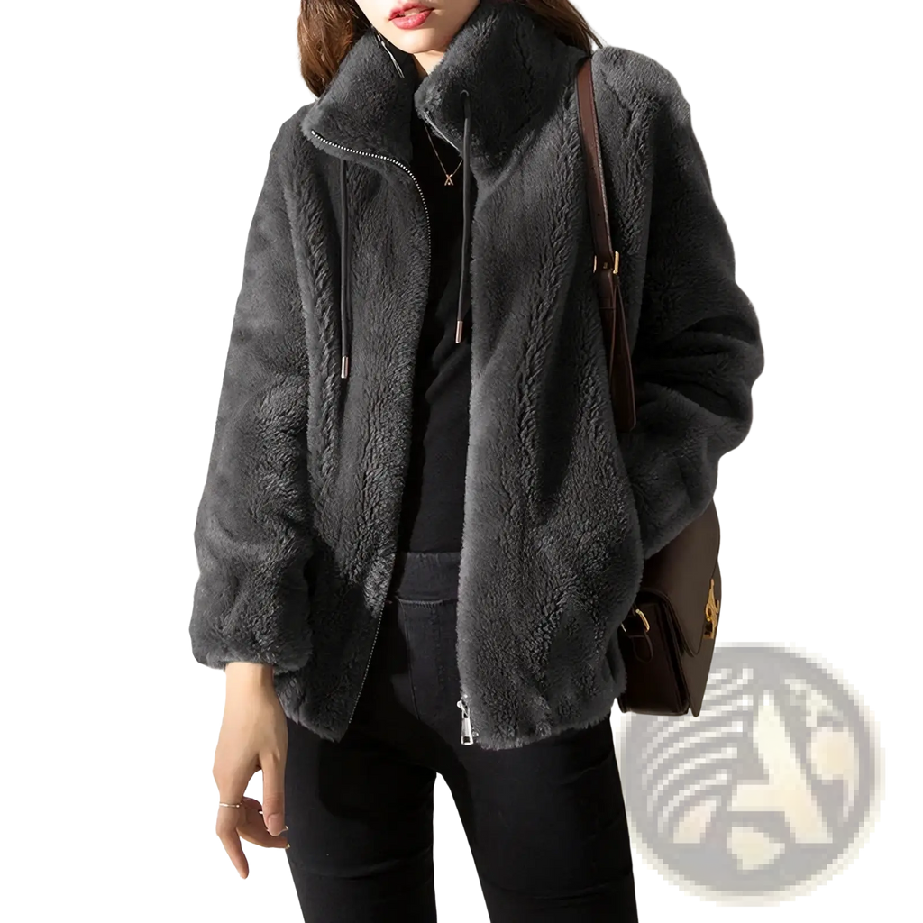 A cozy dark gray faux fur winter jacket with a warm stand collar and front zipper short coat
