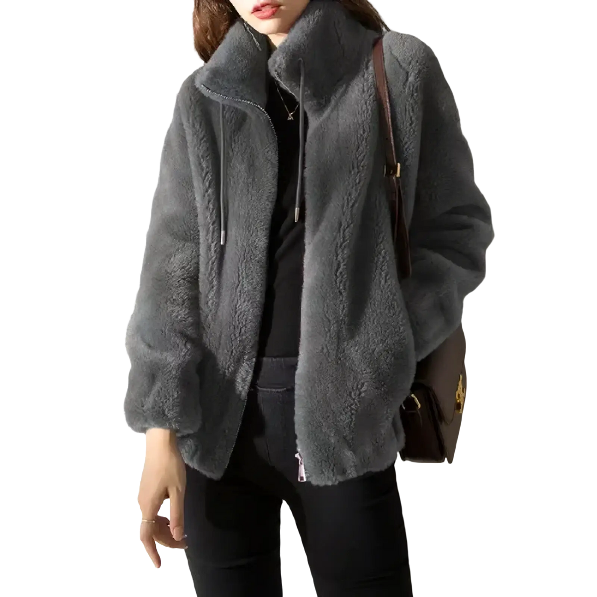 A cozy gray faux fur winter jacket with a warm stand collar and zipper closure short coat