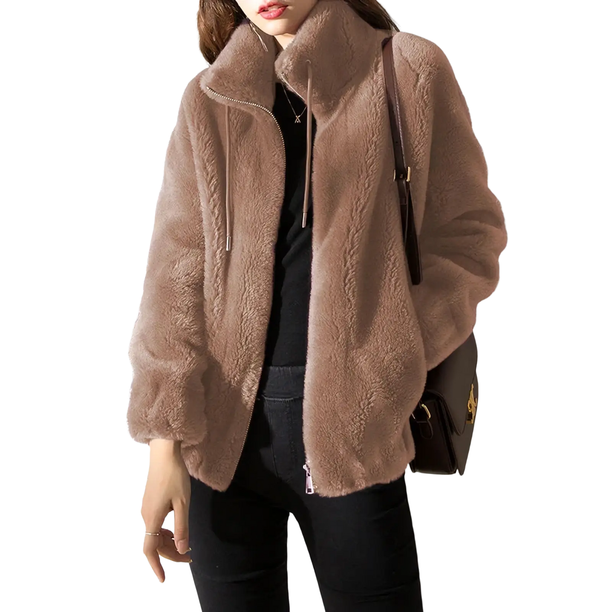 A cozy plush taupe faux fur winter jacket with a warm stand collar and front zipper short coat