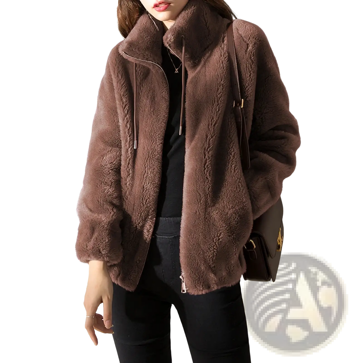 A plush chocolate brown faux fur winter jacket with a warm stand collar and front zipper short coat