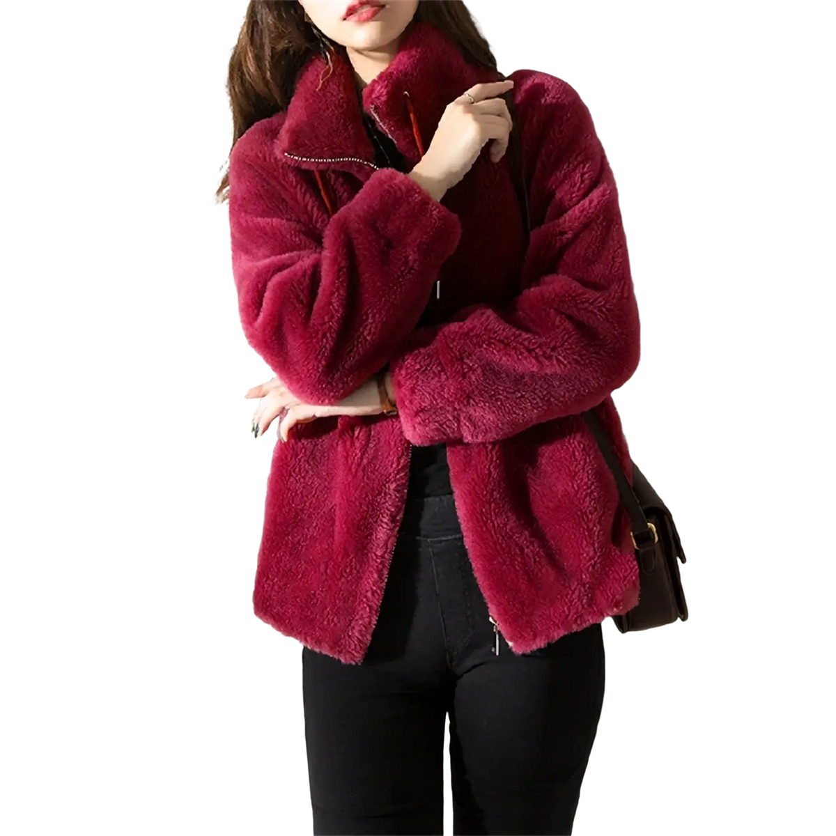 A plush deep burgundy faux fur winter jacket with a warm stand collar and long sleeves