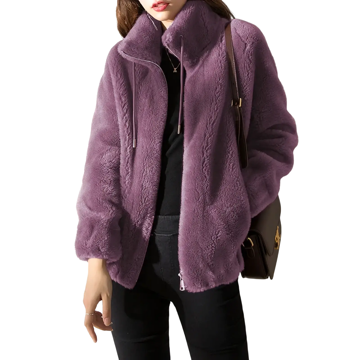 Purple faux fur winter jacket with warm stand collar and front zipper short coat for cold weather