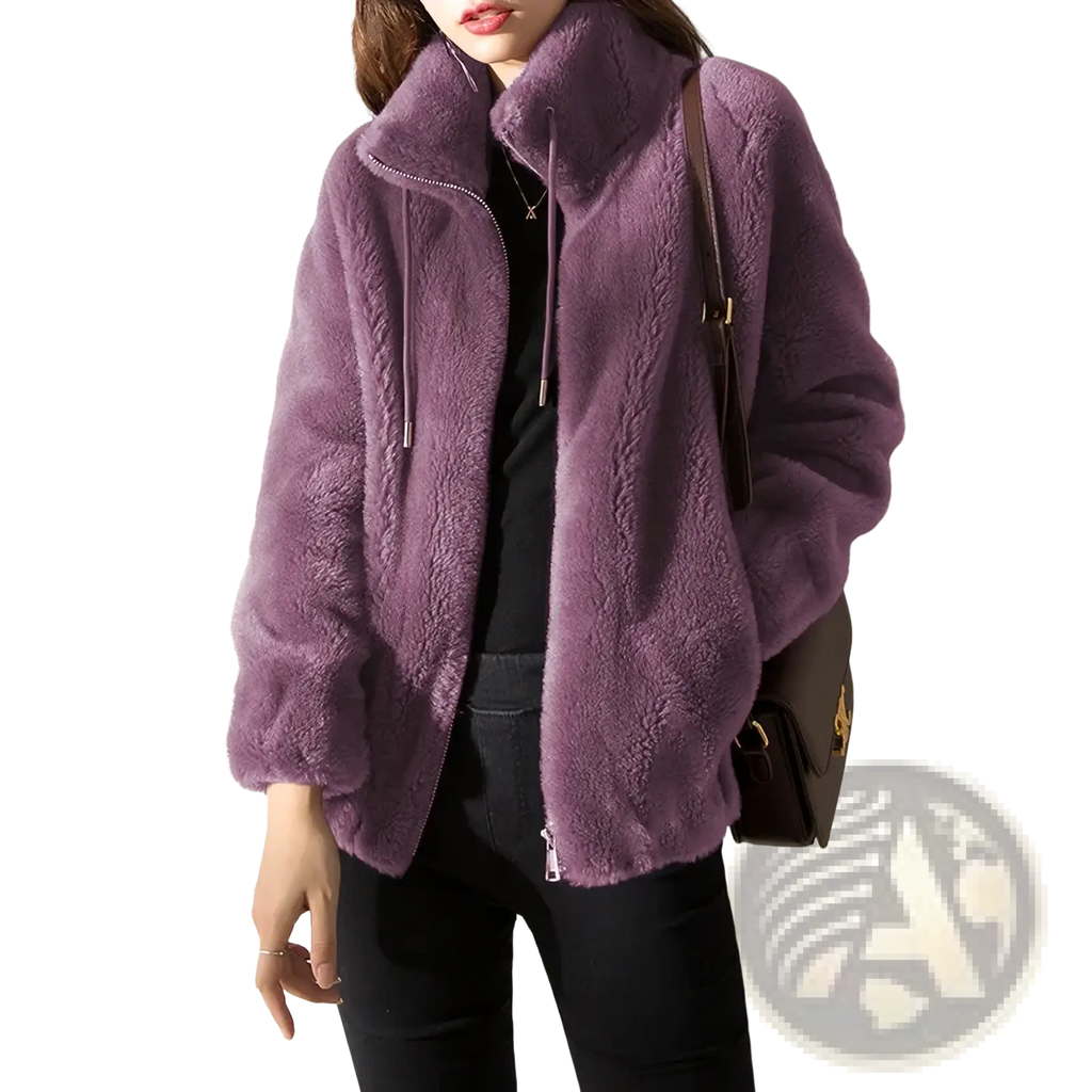 Purple faux fur winter jacket with warm stand collar and front zipper short coat for cold weather
