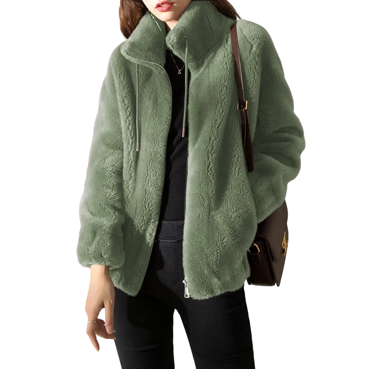A soft moss green faux fur winter jacket with a warm stand collar and zipper closure short coat