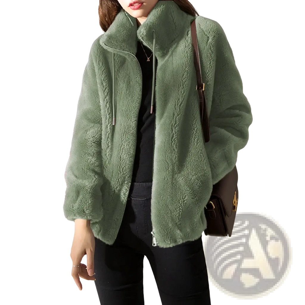 A soft moss green faux fur winter jacket with a warm stand collar and front zipper short coat