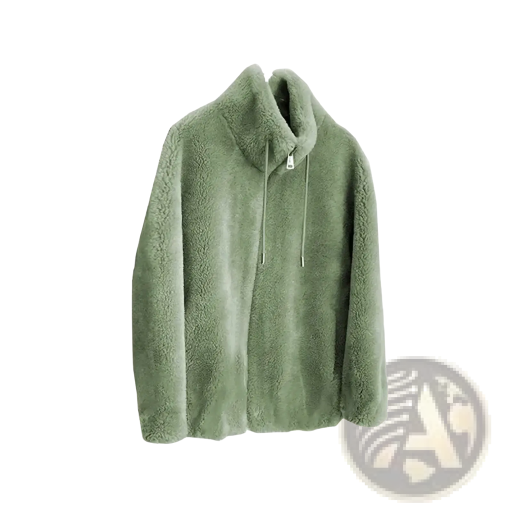 A soft moss green faux fur winter jacket with shearling material and a warm stand collar short coat with drawstrings