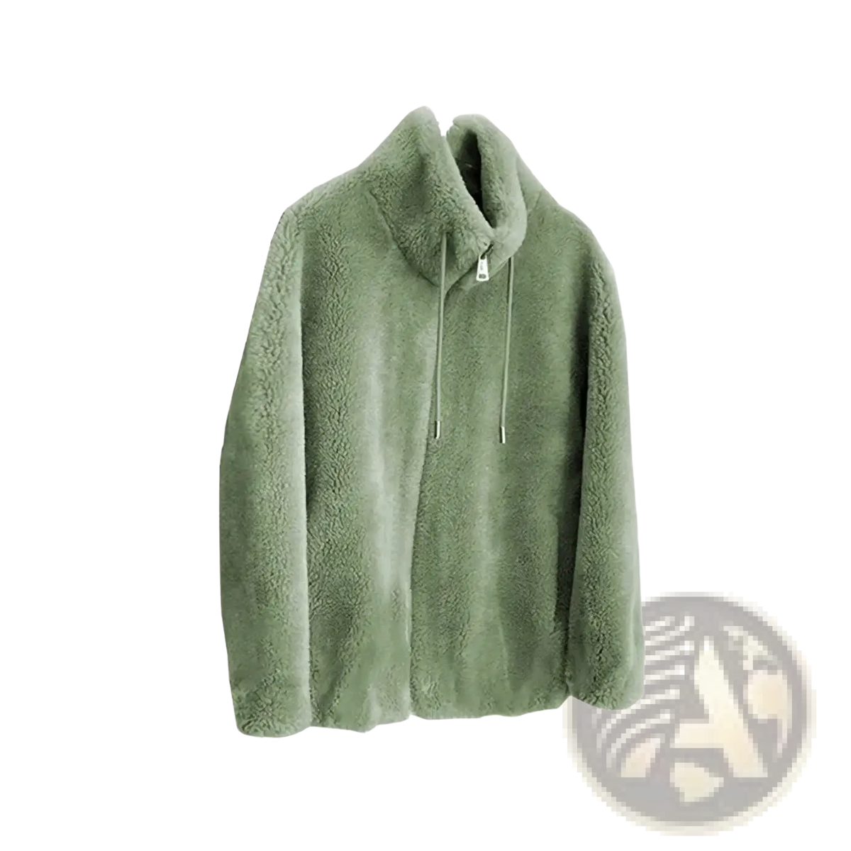 A soft moss green faux fur winter jacket with shearling material and a warm stand collar short coat with drawstrings