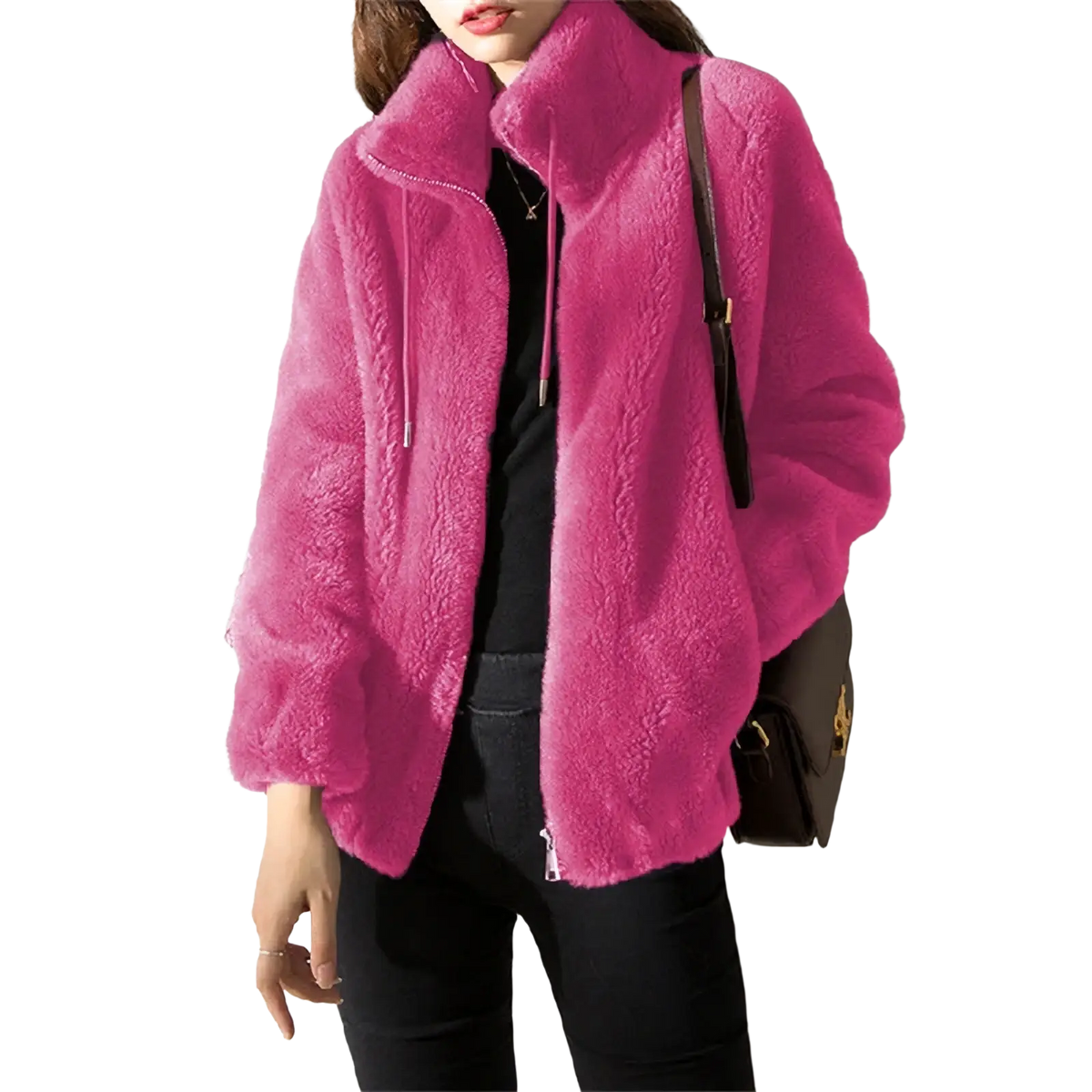 A vibrant pink faux fur winter jacket with a warm stand collar and zipper closure short coat