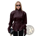 A structured wine red faux leather belted jacket with high collar and cinched waist for women outerwear