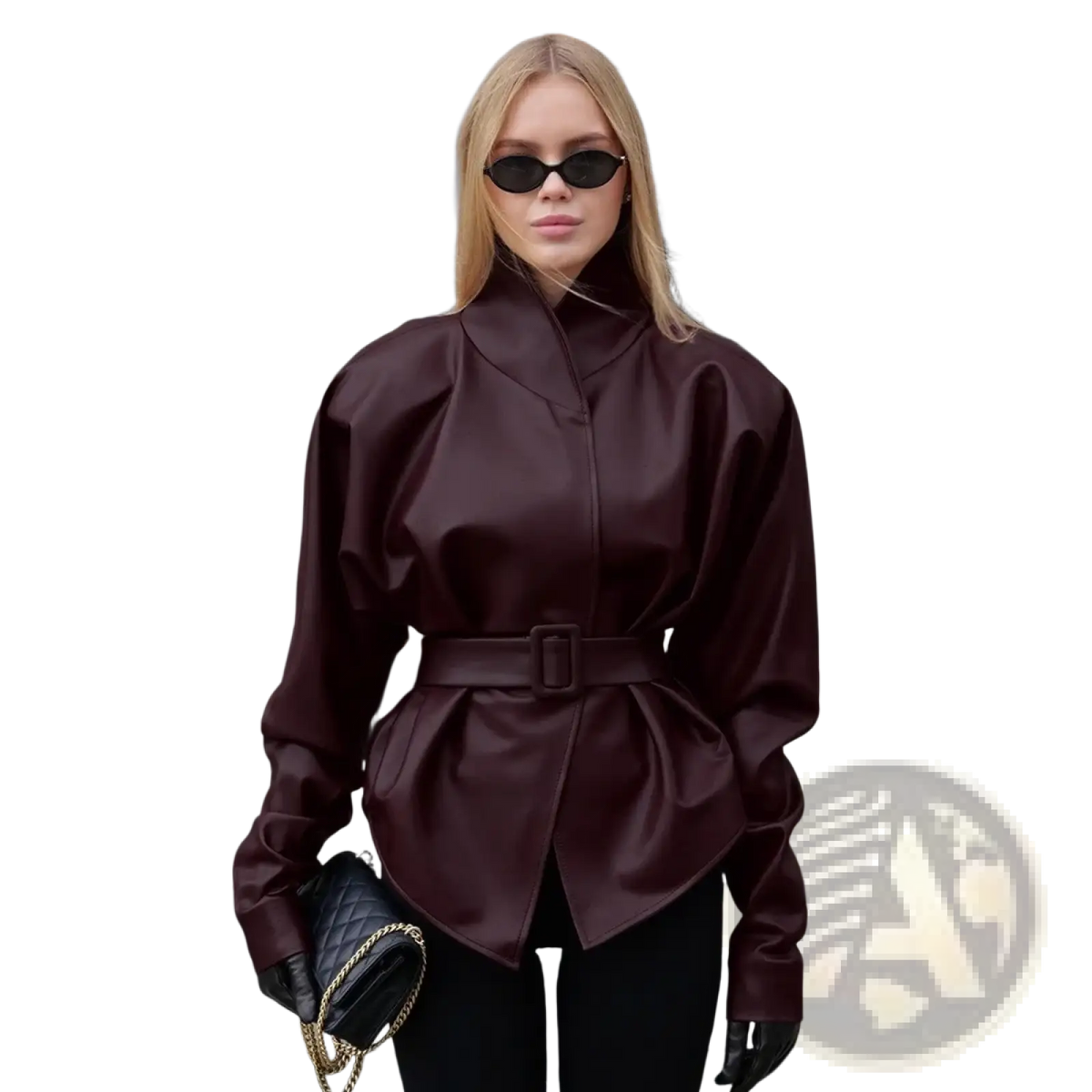 A structured wine red faux leather belted jacket with high collar and cinched waist for women outerwear
