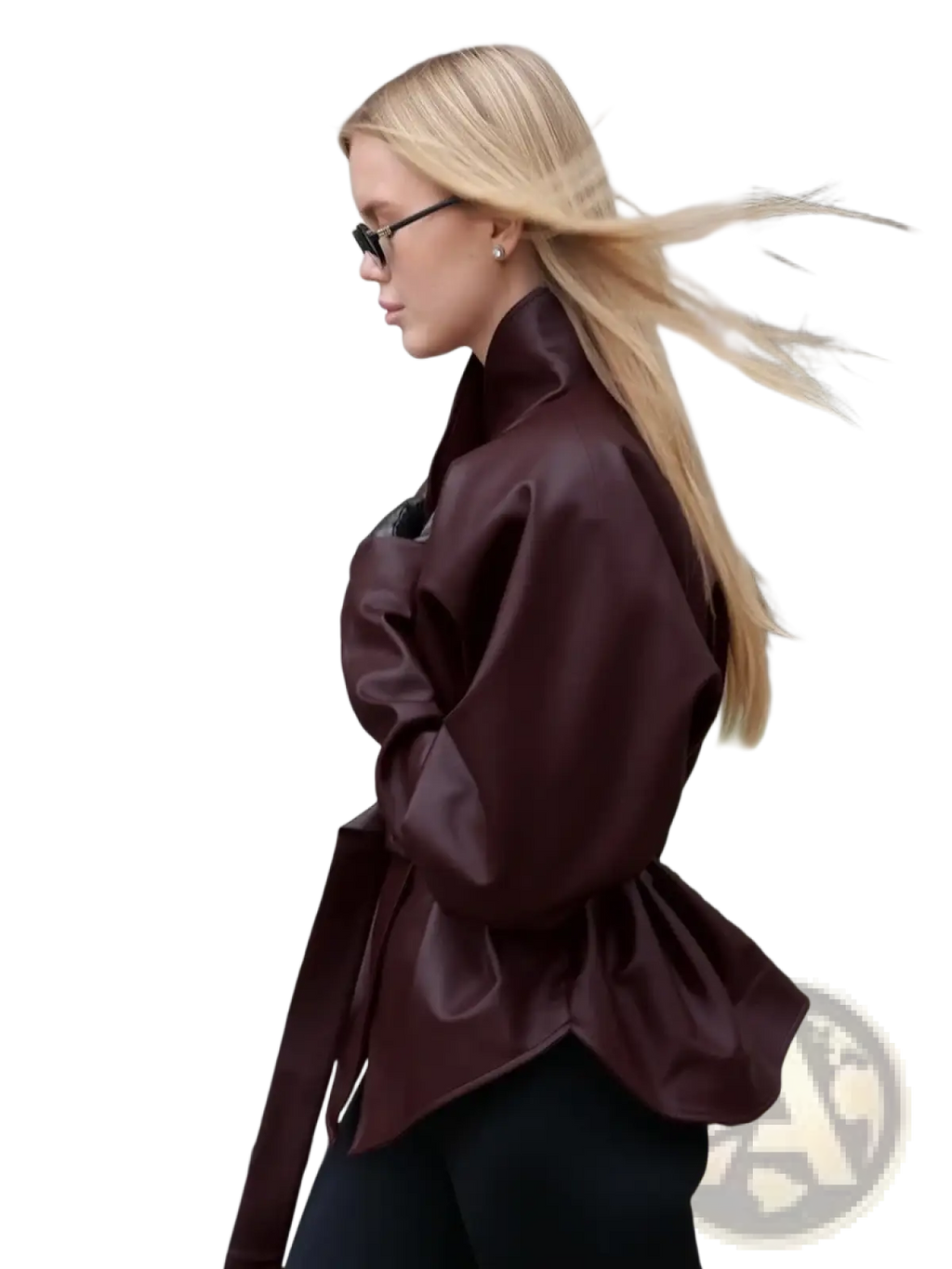 Glossy burgundy satin faux leather belted jacket with high collar for women outerwear in wine red color