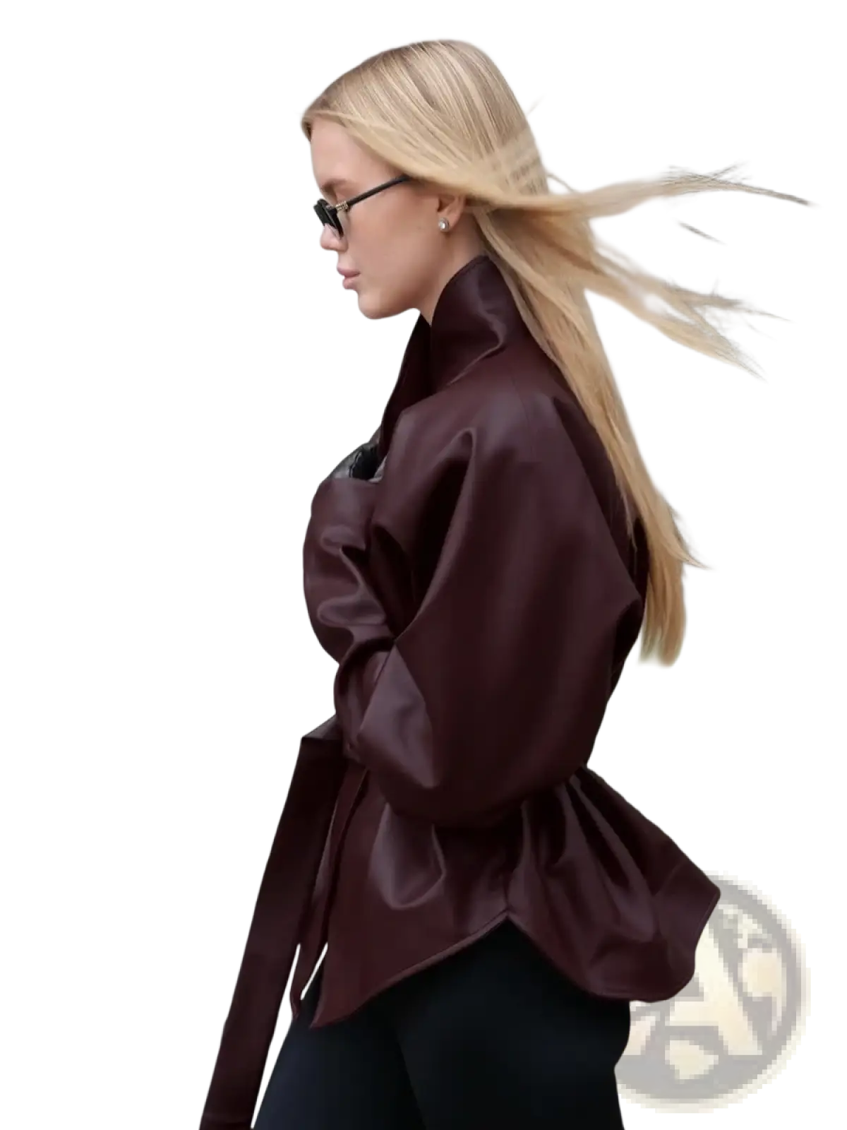Glossy burgundy satin faux leather belted jacket with high collar for women outerwear in wine red color