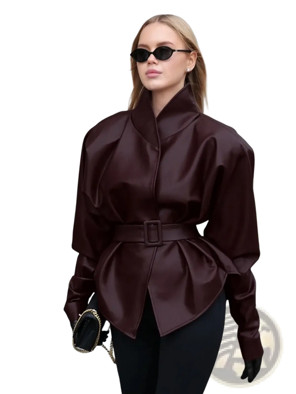 A structured glossy burgundy satin blouse with high collar and cinched waist paired with faux leather belted jacket wine red