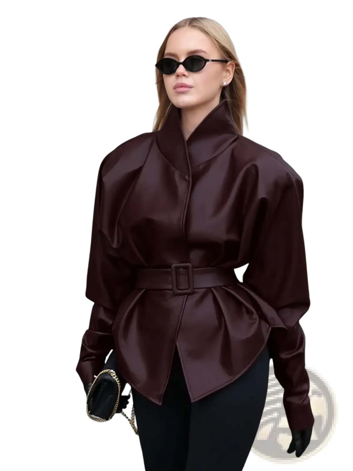 A structured glossy burgundy satin blouse with high collar and cinched waist paired with faux leather belted jacket wine red