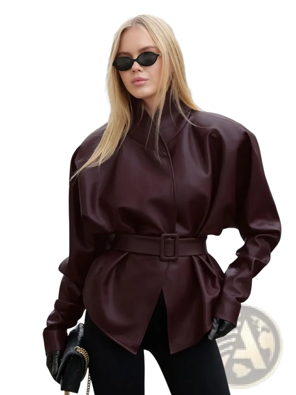 A structured glossy burgundy faux leather belted jacket with voluminous sleeves for women outerwear