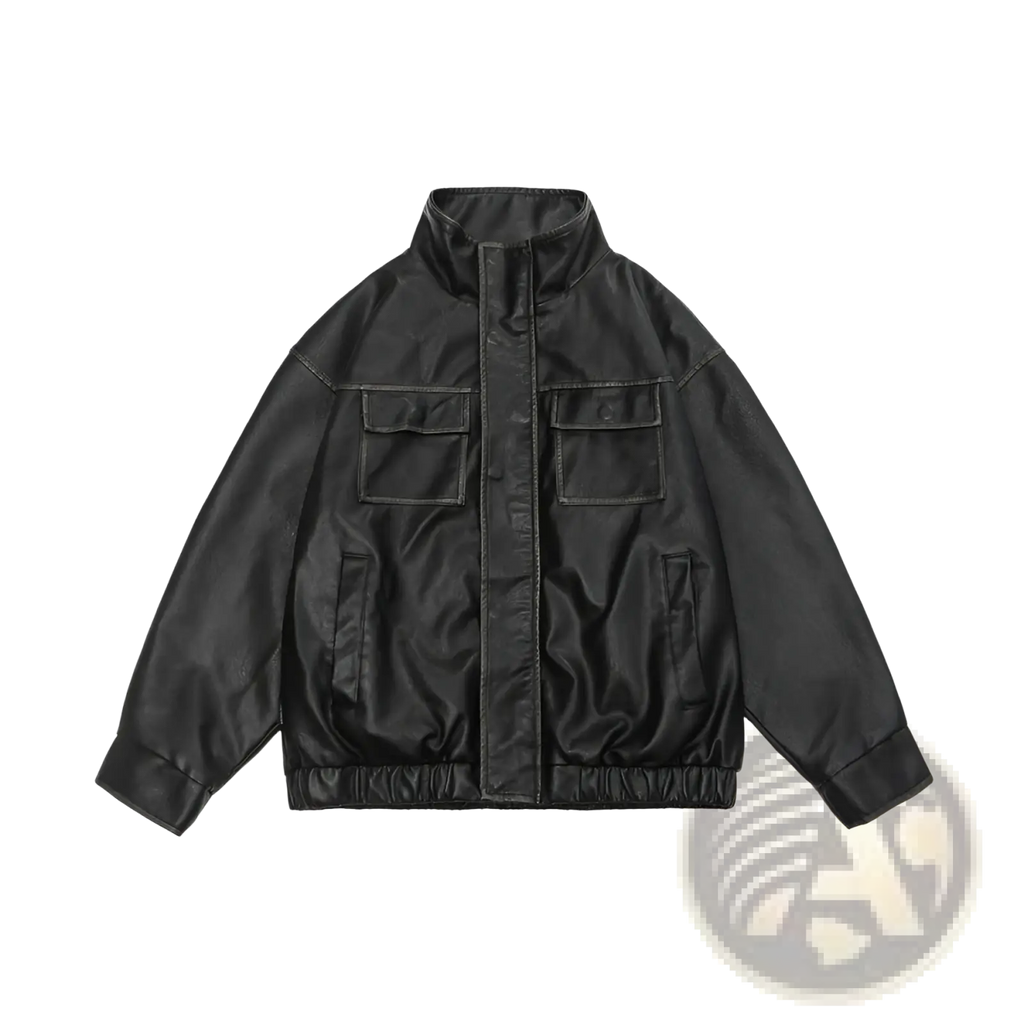 Black faux leather biker bomber jacket with high collar and two front flap utility pockets
